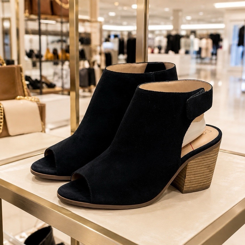 Sole Society Faux Suede Black Block Heel Open Toe Booties Heels Capsule Chic 9.5